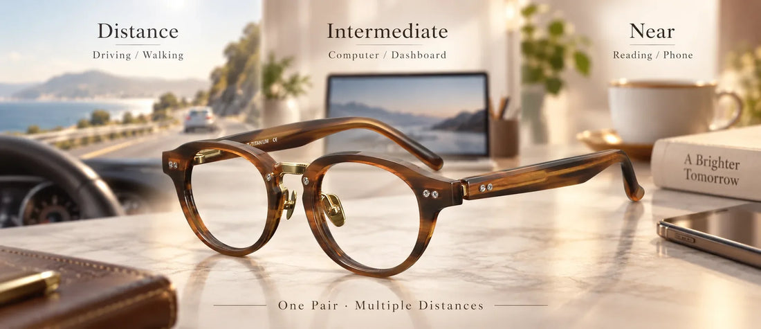Progressive glasses for distance intermediate and near vision in one pair