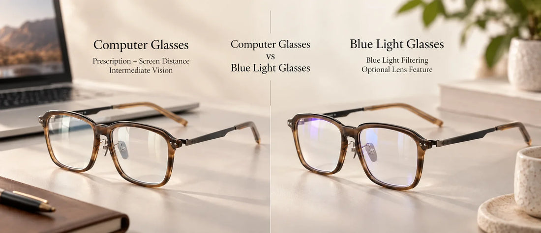 Computer glasses vs blue light glasses comparison showing screen-distance correction and blue light filtering