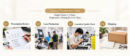 Prescription glasses production timeline from prescription review to lens production and shipping