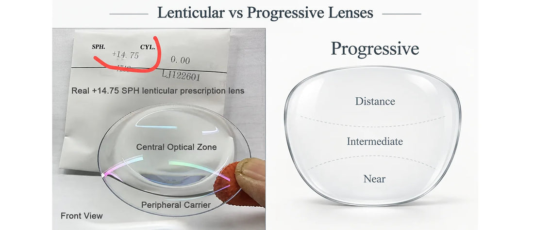 Real lenticular lens compared with progressive lens viewing zones