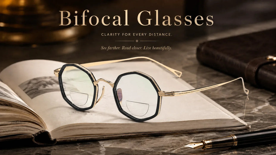 Premium Titanium Bifocal Glasses LE1060 on a Book.