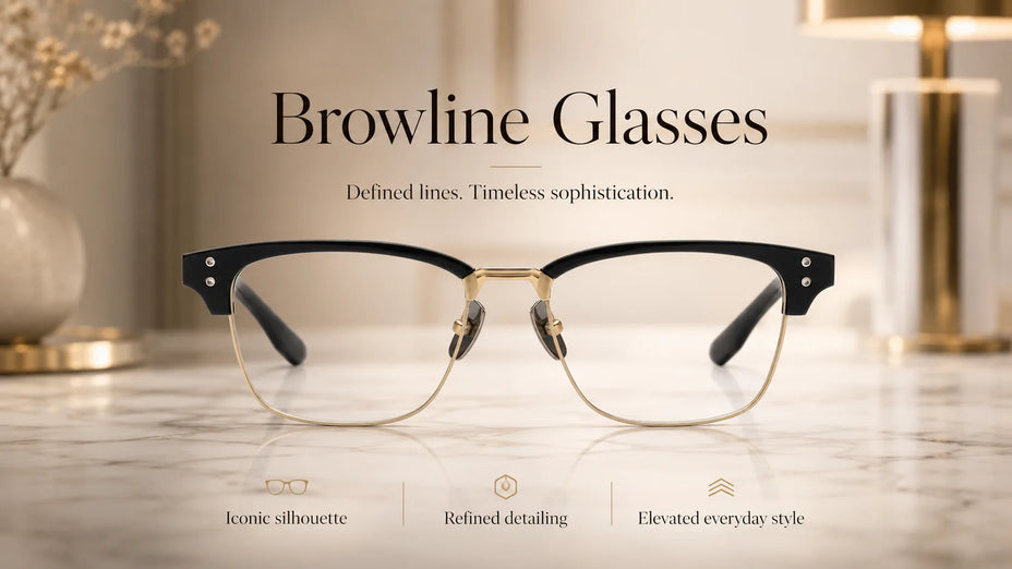 Premium Titanium and Acetate Browline Glasses LE0322 on Marble Table