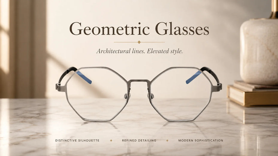 Premium Titanium Geometric Glasses LE0206 on a Marble Table