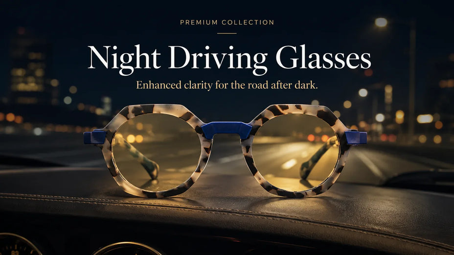 Premium Acetate Night Driving Glasses LE0648 with Yellow tinted lenses in a car.