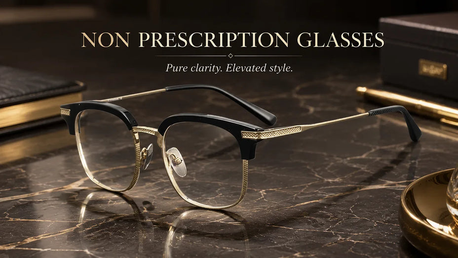 A Non-Prescription Glasses LE1524 with blue-light protected lenses on marble table.