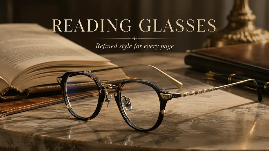 Premium acetate and titanium Reading glasses LE1546 on a Marble Table