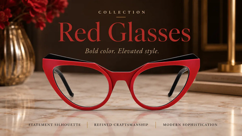 Premium Acetate Red Glasses LE0849 on a Marble Table