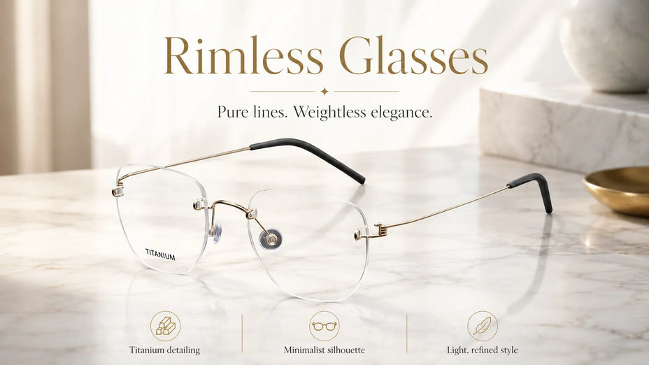 Premium Titanium Rimless Glasses LE0072 on Marble Table