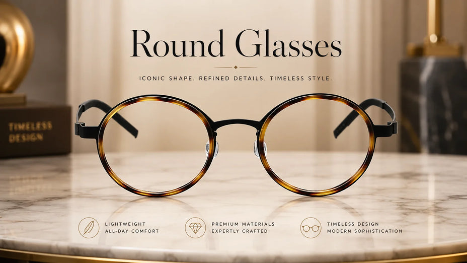 Premium Titanium Round Glasses LE0244 on a marble table.