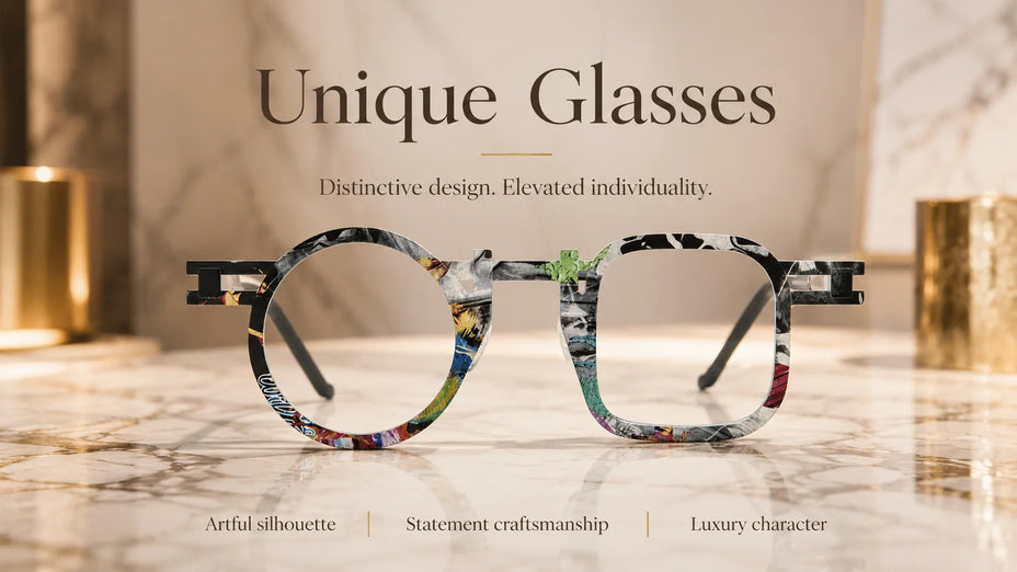 Premium Titanium Unique Glasses LE3102 on a Marble Table.